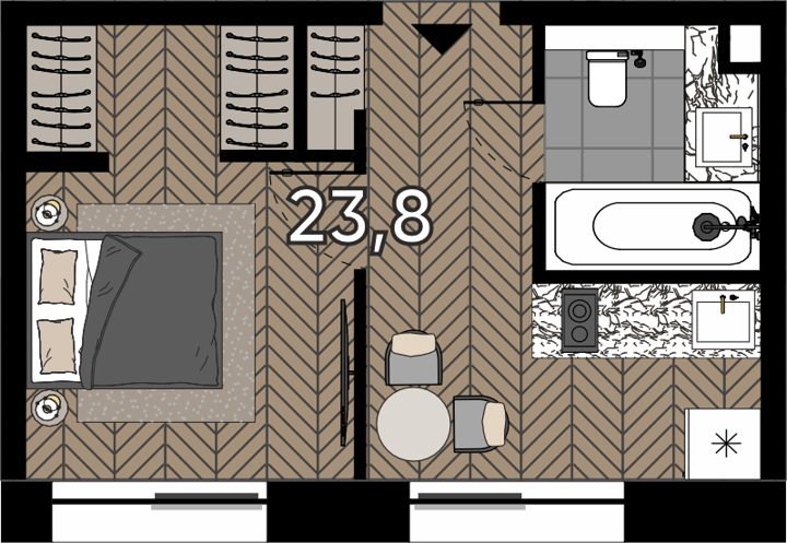 Апартаменты-студия, 23,8 м²