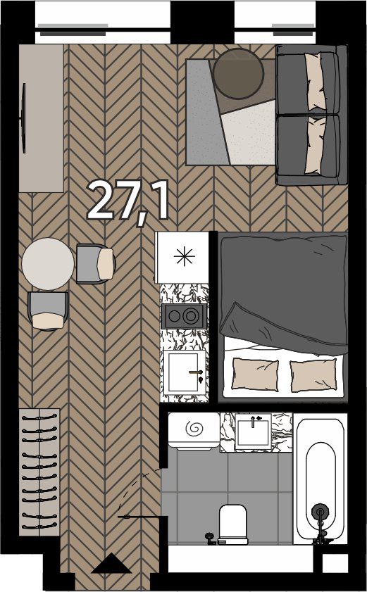 Апартаменты-студия, 27,1 м²