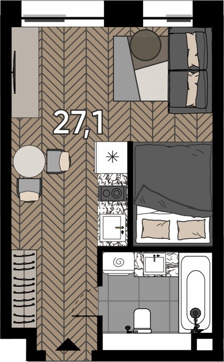 Апартаменты-студия, 27,1 м²