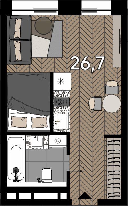 Апартаменты-студия, 26,7 м²