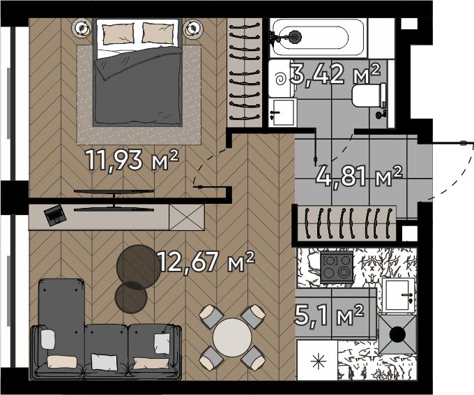 2-комнатная квартира, 37,9 м²