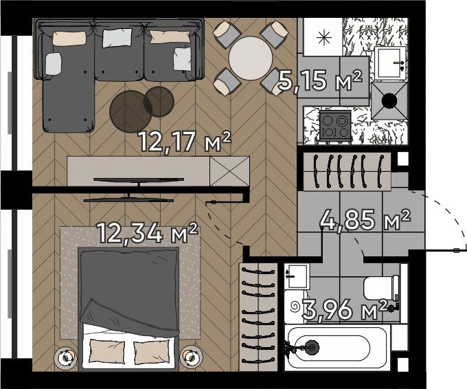 2-комнатная квартира, 38,5 м²