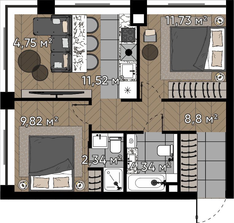 3-комнатная квартира, 53,3 м²