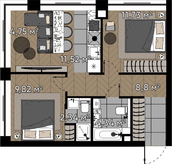 3-комнатная квартира, 53,3 м²