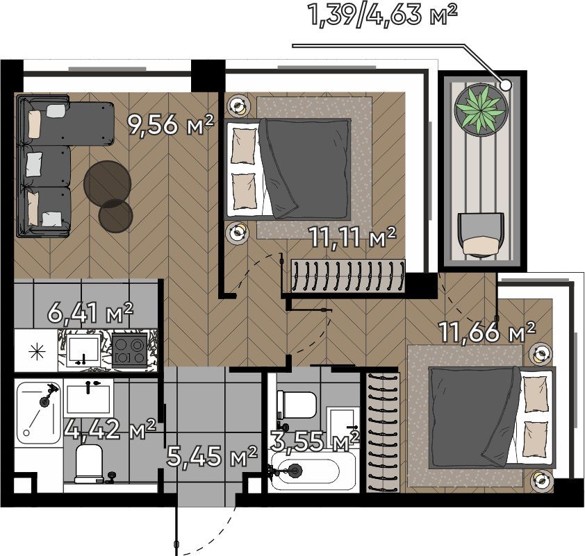 3-комнатная квартира, 53,5 м²