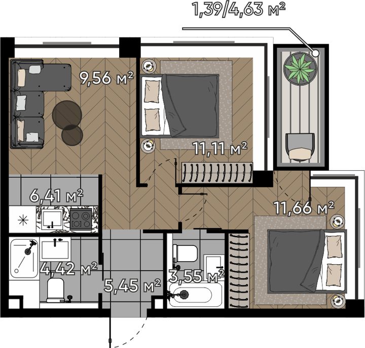 3-комнатная квартира, 53,5 м² — фото 1