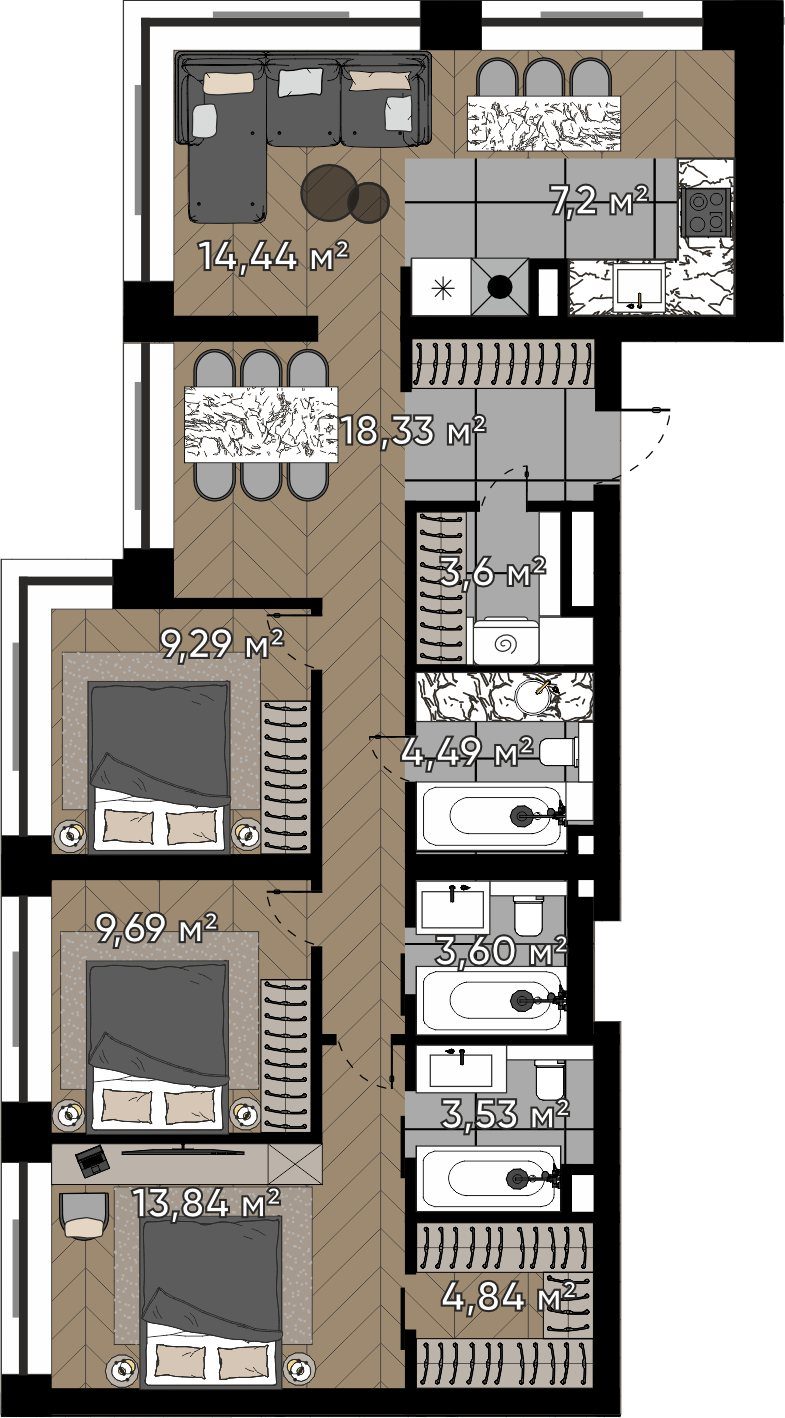 4-комнатная квартира, 92,8 м²