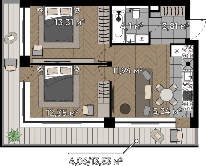 3-комнатная квартира, 54,3 м²