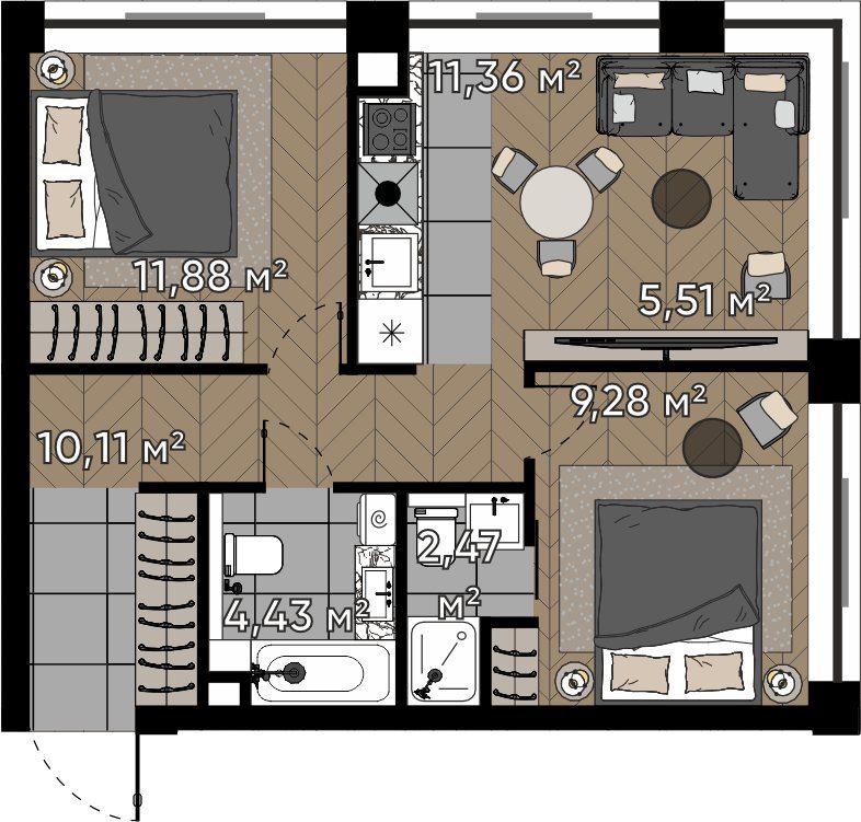 3-комнатная квартира, 55 м²