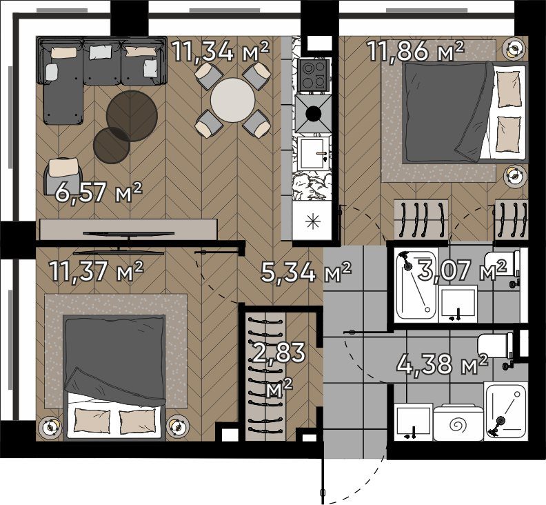 3-комнатная квартира, 56,8 м²
