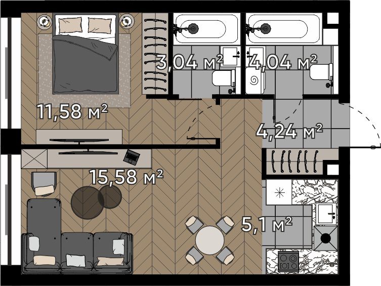 2-комнатная квартира, 43,6 м²