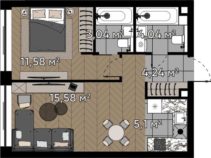 2-комнатная квартира, 43,6 м²