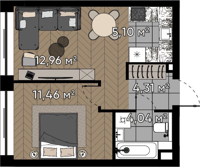 2-комнатная квартира, 37,9 м²