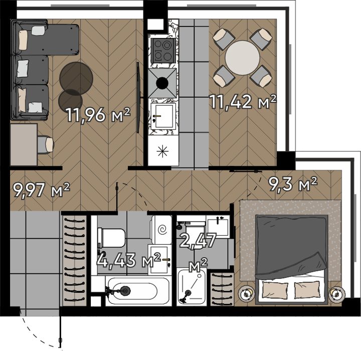 2-комнатная квартира, 49,5 м² — фото 1