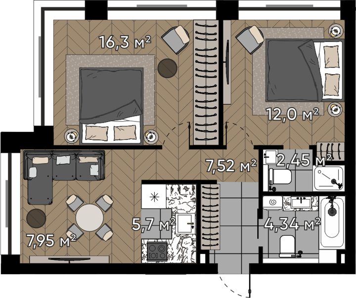 3-комнатная квартира, 56,3 м²