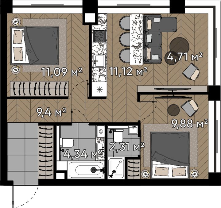 3-комнатная квартира, 52,9 м²