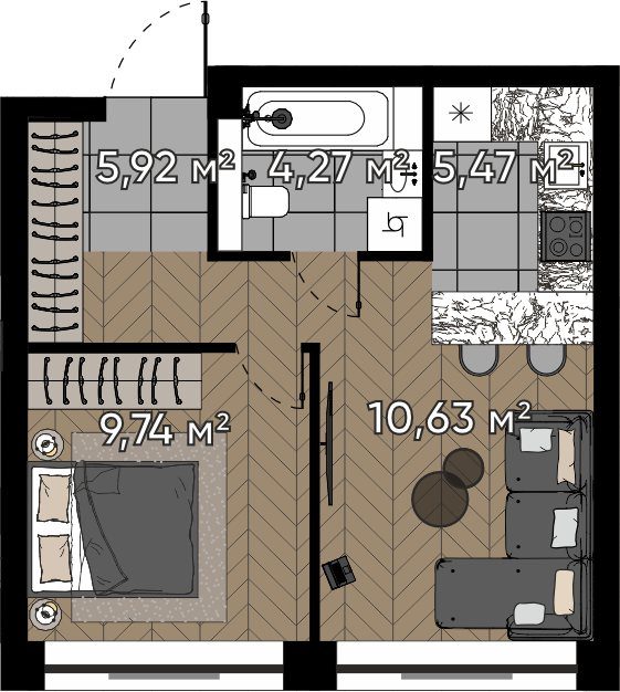 2-комнатная квартира, 36 м²
