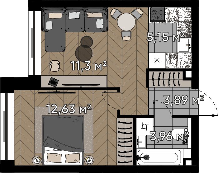 2-комнатная квартира, 36,9 м²