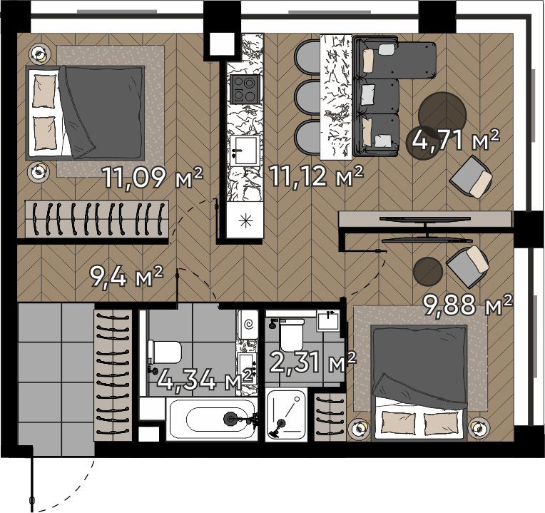 3-комнатная квартира, 52,9 м²