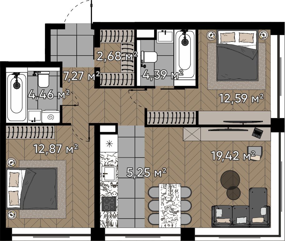 3-комнатная квартира, 68,9 м²