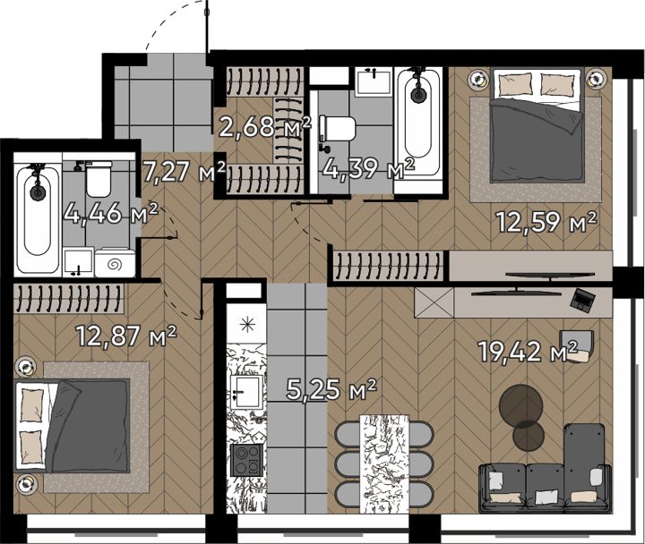 3-комнатная квартира, 68,9 м²