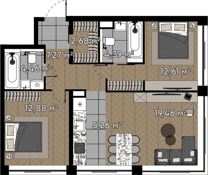 3-комнатная квартира, 69 м²