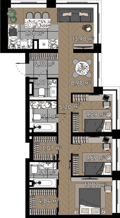 5-комнатная квартира, 92,8 м²