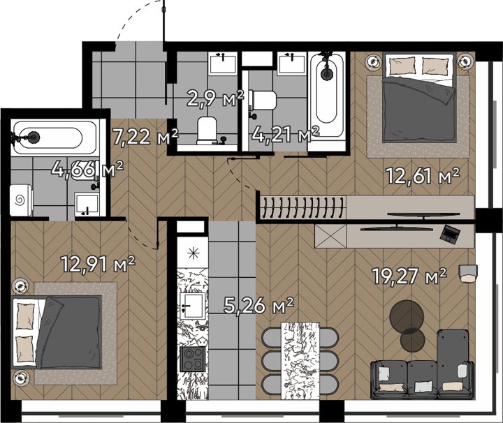 3-комнатная квартира, 69 м² — фото 1