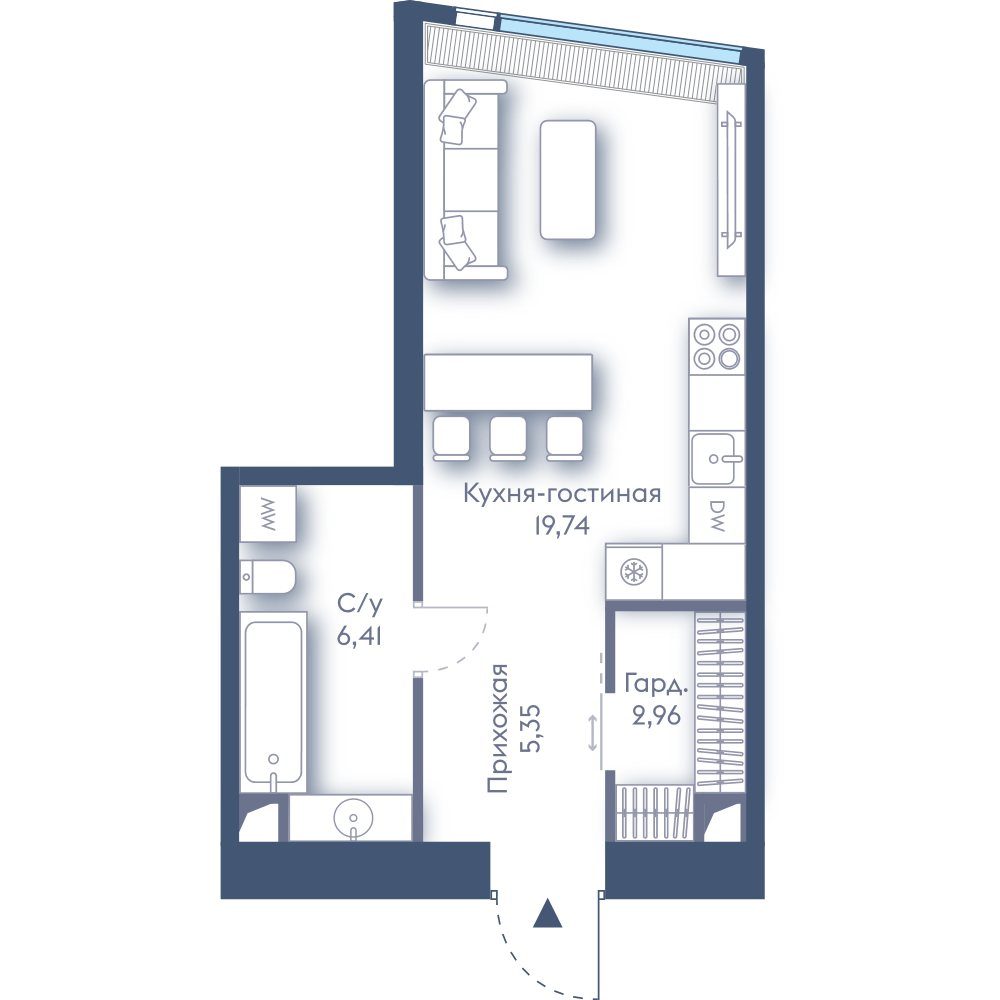 1-комнатная квартира, 34,5 м²
