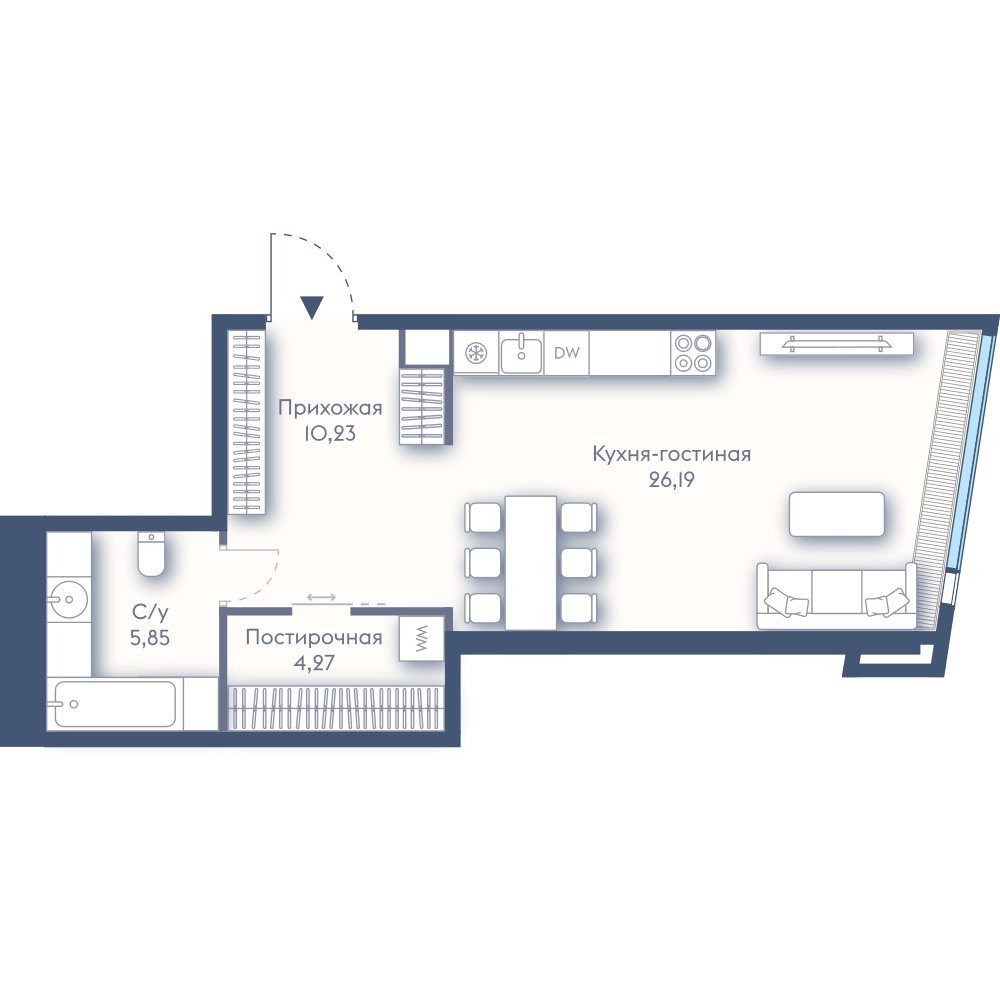 1-комнатная квартира, 46,5 м²