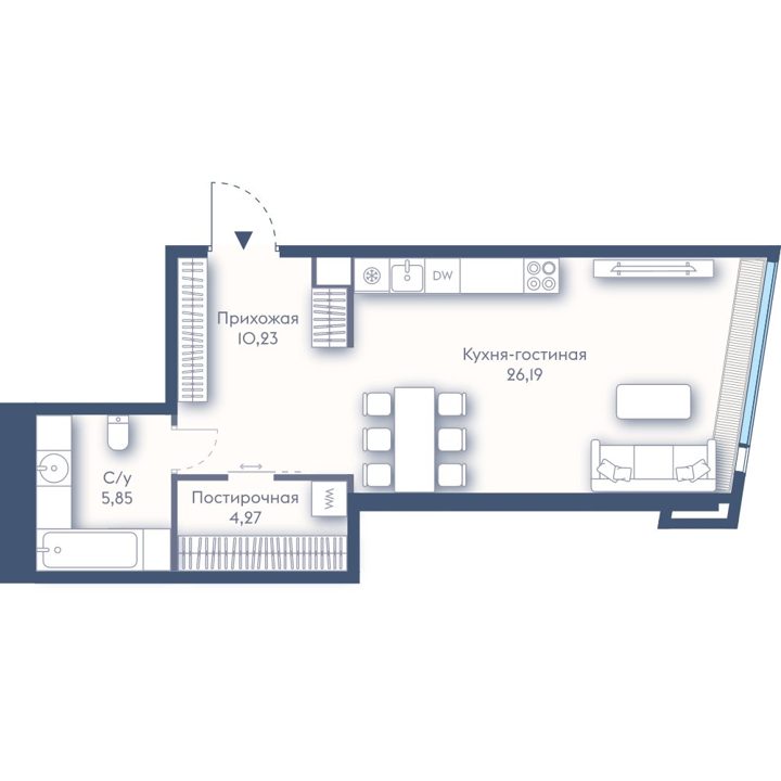 1-комнатная квартира, 46,5 м²