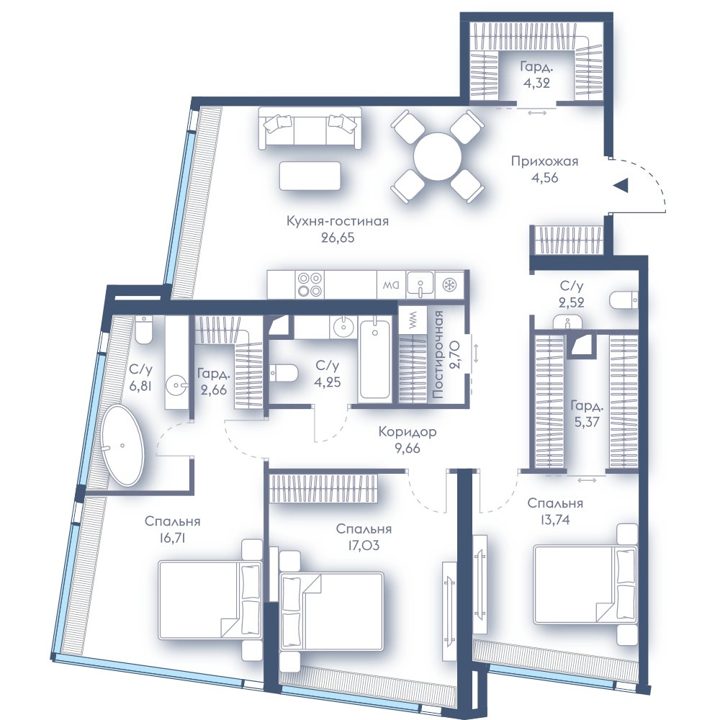 3-комнатная квартира, 117 м²