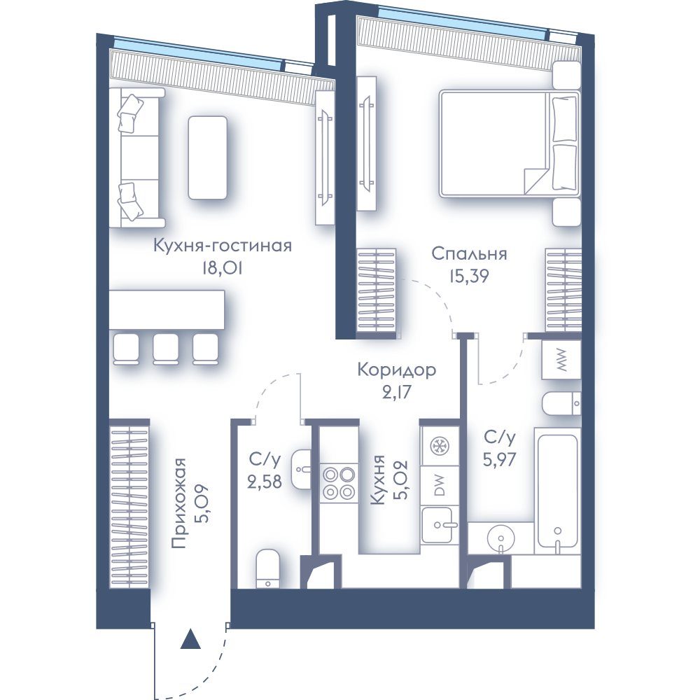 1-комнатная квартира, 54,2 м²