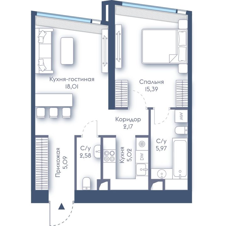 1-комнатная квартира, 54,2 м²