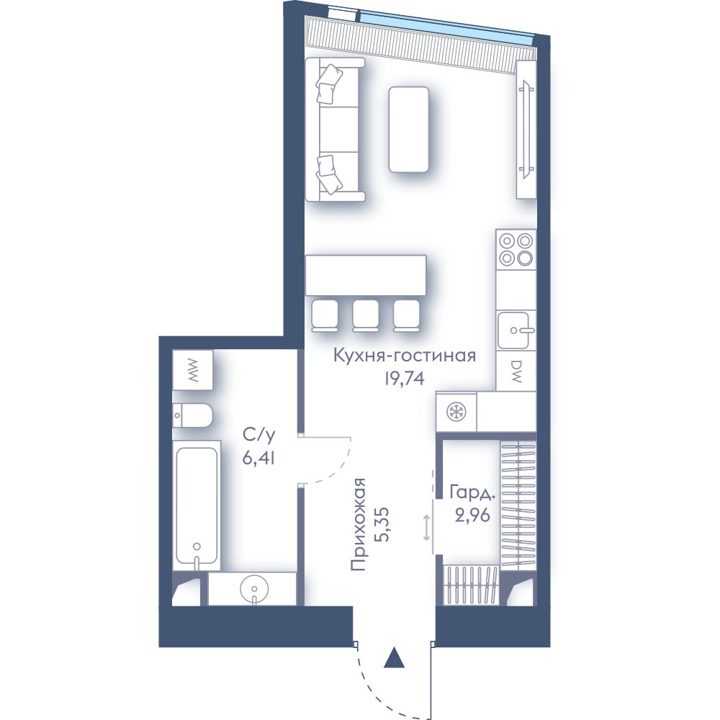 1-комнатная квартира, 34,5 м²