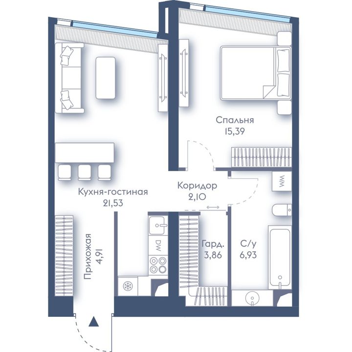 1-комнатная квартира, 54,7 м²