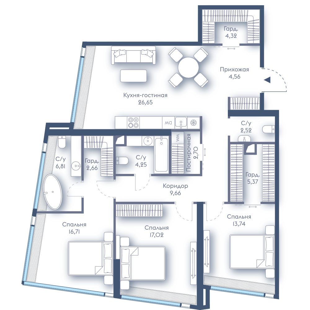 3-комнатная квартира, 117 м²