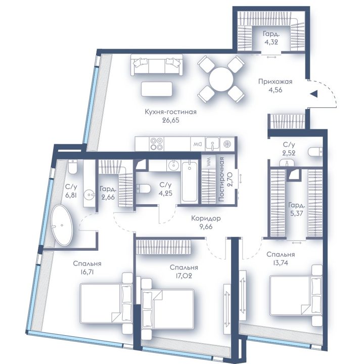 3-комнатная квартира, 117 м²