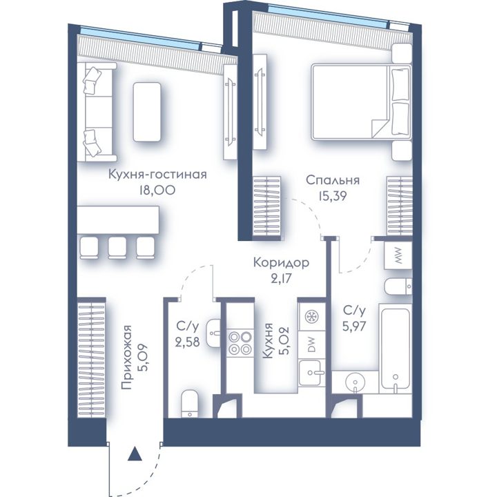 1-комнатная квартира, 54,2 м²