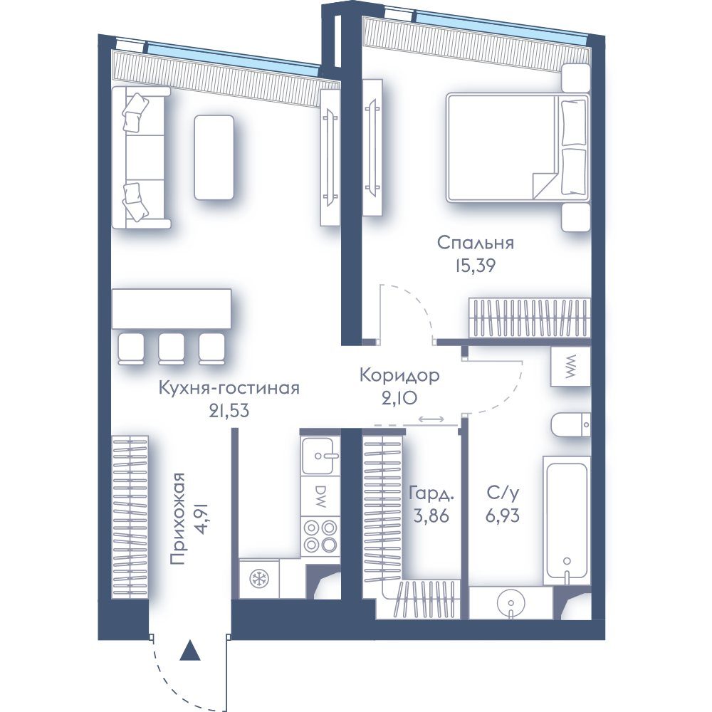 1-комнатная квартира, 54,7 м²
