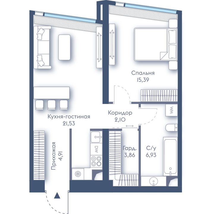 1-комнатная квартира, 54,7 м²