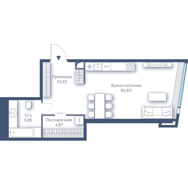 1-комнатная квартира, 46,5 м²