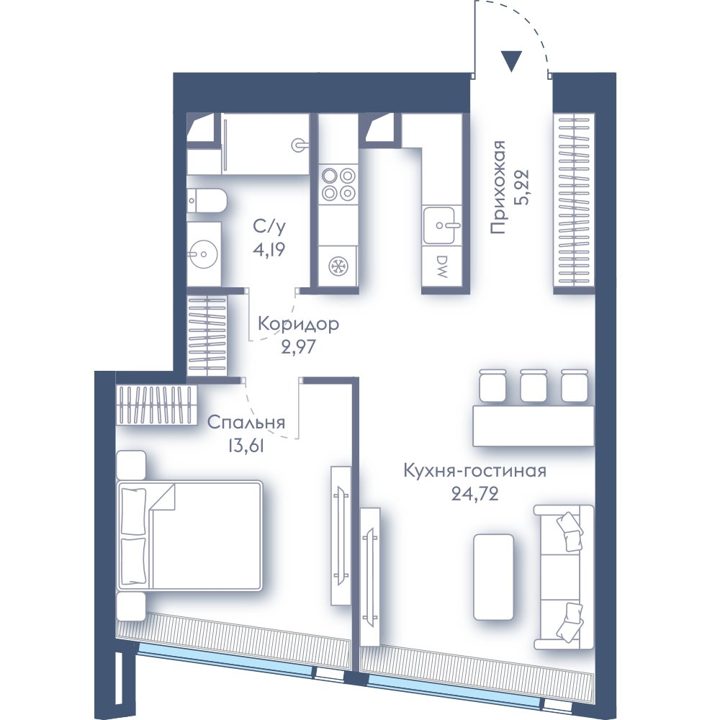 1-комнатная квартира, 50,7 м²