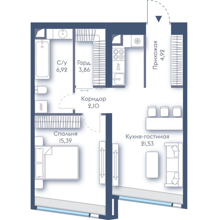 1-комнатная квартира, 54,7 м² — фото 1