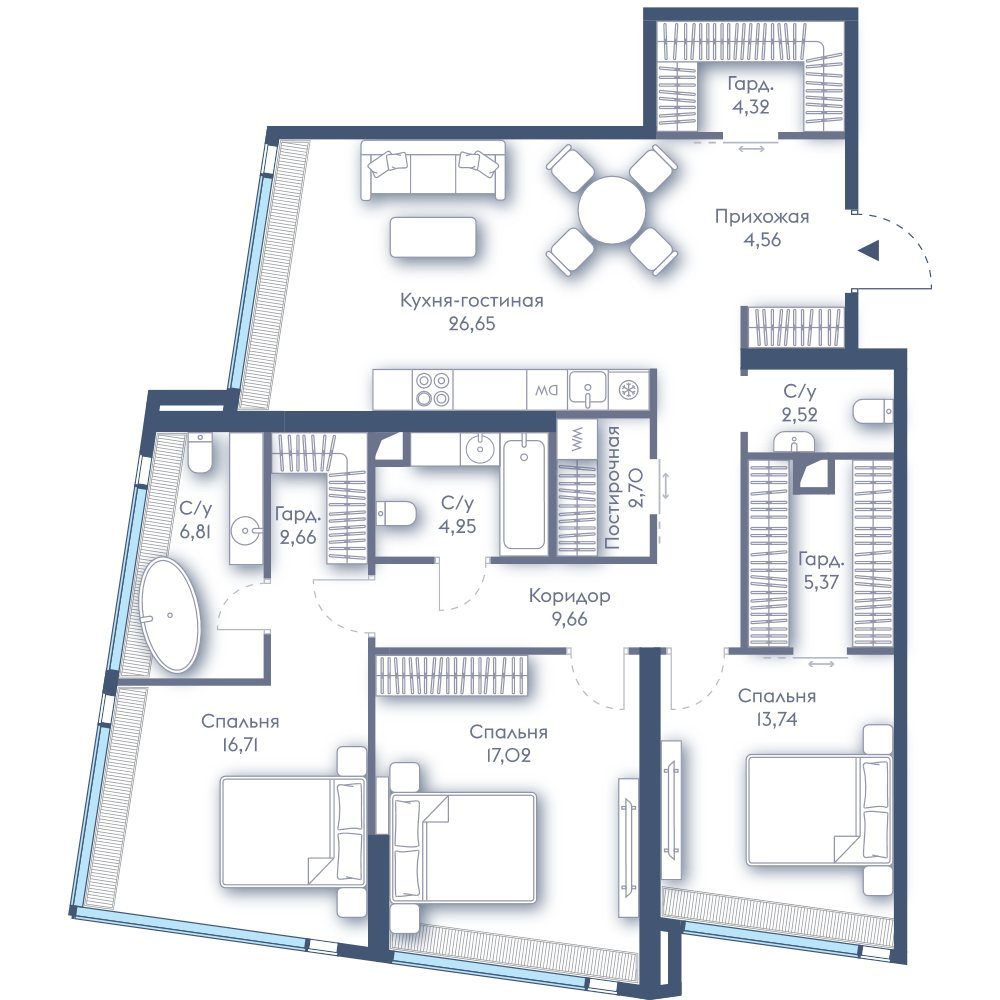 3-комнатная квартира, 117 м²