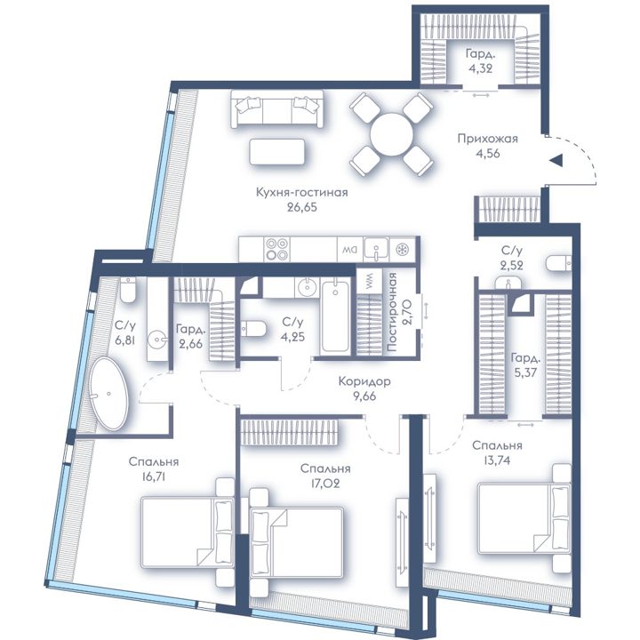3-комнатная квартира, 117 м² — фото 1