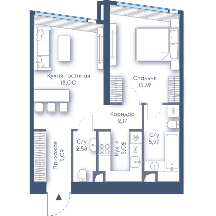 1-комнатная квартира, 54,2 м²