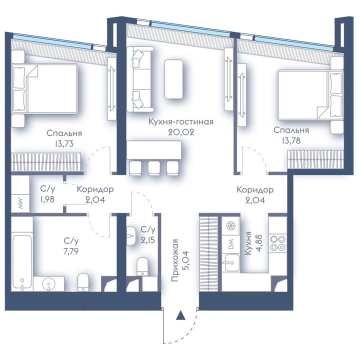2-комнатная квартира, 73,7 м²