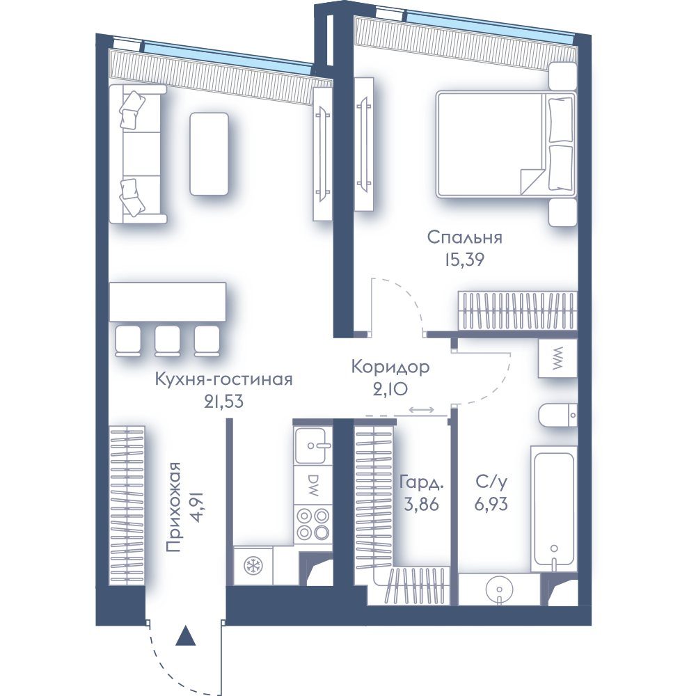 1-комнатная квартира, 54,7 м²