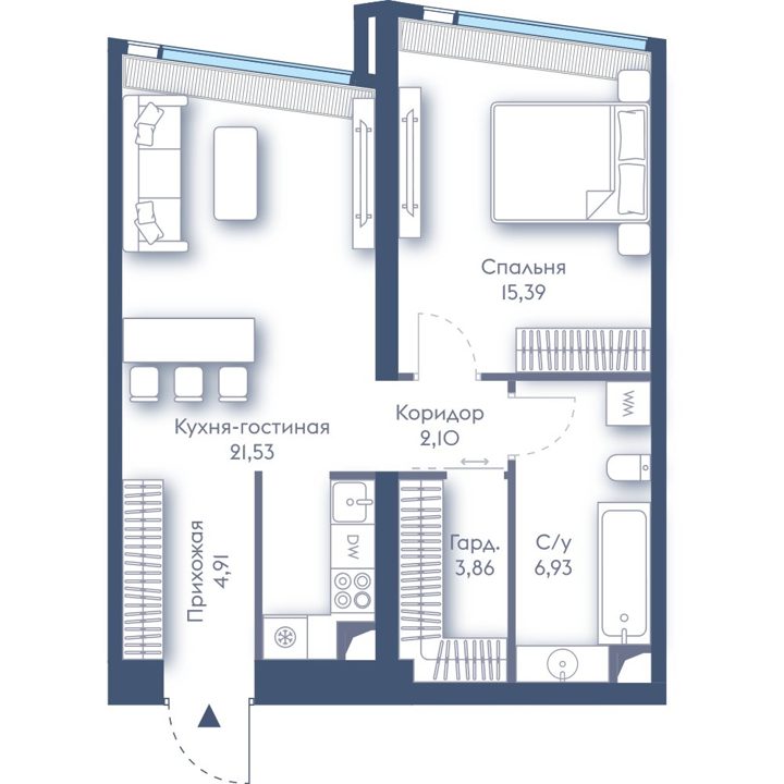 1-комнатная квартира, 54,7 м²